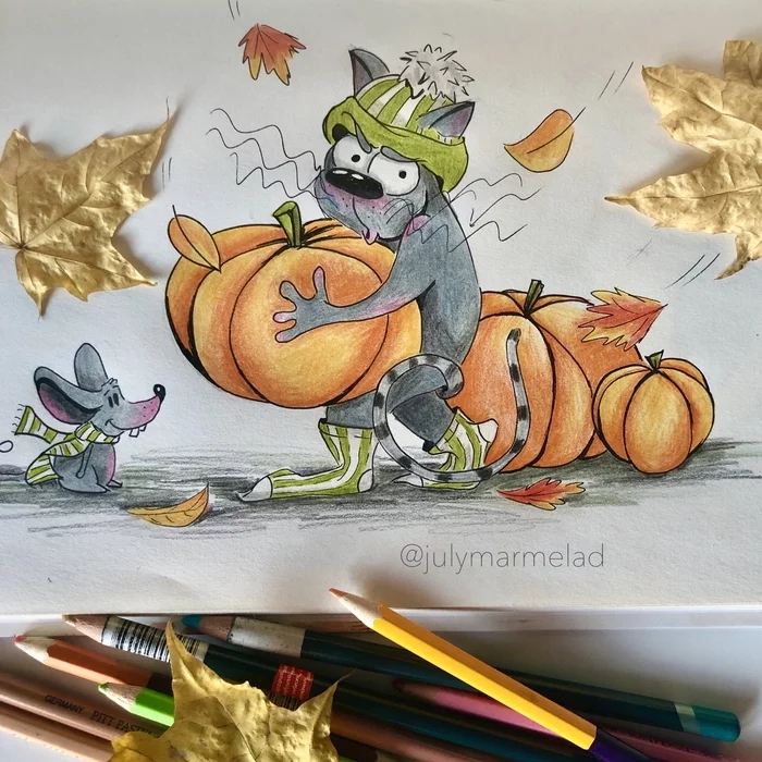 Dissatisfied autumn cat - My, Colour pencils, Pencil, Autumn, cat, Mouse, Drawing, Illustrations, Illustrator, Pencil drawing, Painting, Milota, Funny, Animals