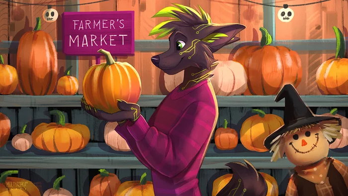 Hello pumpkin! - Furry, Art, Halloween, Halloween pumpkin, Pumpkin, Multyashka-Sweet, Fox, Scarecrow, Furry fox, Furry canine