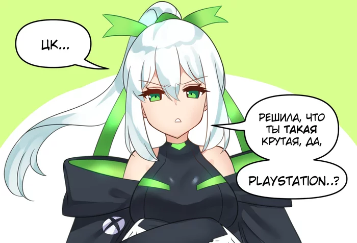 Xbox-chan uses mom's credit card to buy Bethesda - Comics, Translation, Translated by myself, Anime art, Merryweather, Xbox, Playstation, Bethesda, Humanization, Longpost