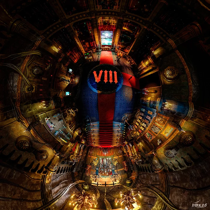 Hall of the barge Revenant 360 degree panorama - My, Wh Art, Warhammer 40k, Warhammer, Art, Crossover, Фанфик, Wh other, 3D, 3D graphics, Space, Hall, Throne, Scull, Spaceship, Longpost, Numbers, Панорама, Link