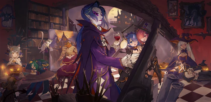 Hallowen - Re:Zero Kara, Rem (Re:Zero Kara), Ram (Re:Zero Kara), Emilia, Puck, Beatrice, Felix Argyle, Anime Art, Аниме, Crusch Karsten, Хэллоуин