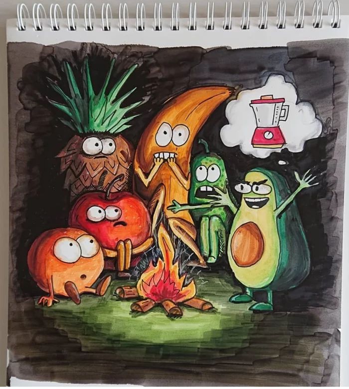 Fruit horror stories - My, Sketch, Illustrations, Vegetables, Kitchen Blender, Страшные истории, Scarecrow, Marker, Alcohol markers