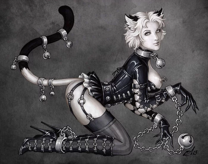 I came across such art (I don’t know the author) - NSFW, Hand-drawn erotica, Art, Housemaid, Breast, Chain, Handcuffs, Bondage, Girls, , Animal ears