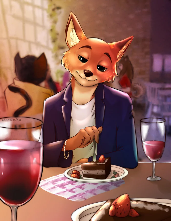 Свидание с Ником - Зверополис, Nick Wilde, Кафе, Пирожное, Вино, Свидание, Арт