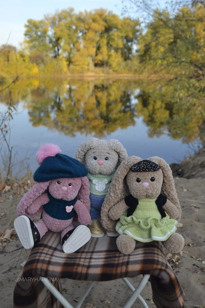 Knitted hares in the autumn forest - My, Nature, Hare, Crochet, Toys, Longpost, Needlework without process