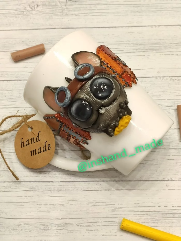 Monster Mouse - My, Polymer clay, With your own hands, Handmade, Monster, Steampunk, Video, Longpost, Bat, Mug with decor, Needlework without process, , Vertical video