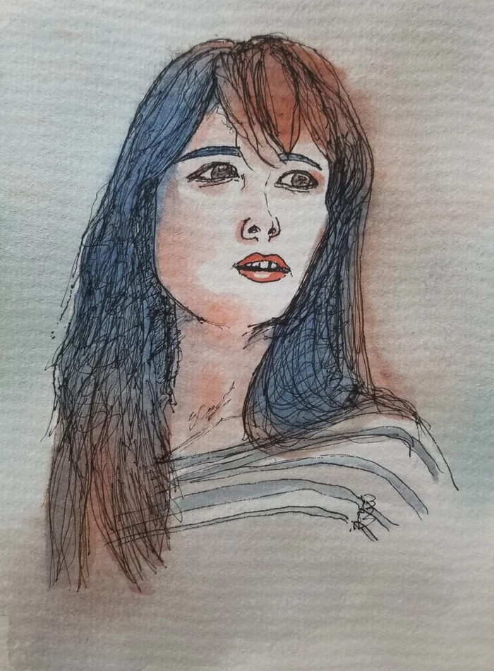 Watercolor and liner - My, Watercolor, Liner, Drawing, Girls, Longpost