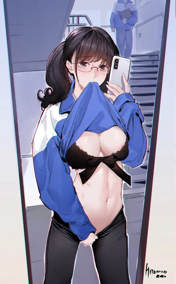 Selfie - NSFW, Арт, Anime Art, Original Character, Эротика, Девушки, Селфи, Грудь, Нижнее белье, Бюстгальтер, Отражение, Зеркало