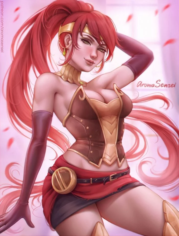 Pyrrha Nikos - NSFW, Арт, Аниме, Anime Art, RWBY, Pyrrha nikos, Девушки, Эротика, Рисованная эротика, Нижнее белье, Чулки, Сиськи, Топлес, Голые, Волосы на лобке, Aromasensei, Длиннопост