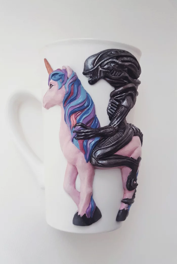 “He said: “Let's go!”...” © Unicorn - My, Xenomorph, Polymer clay, Handmade, Mug with decor, With your own hands, Needlework without process, Unicorn, Longpost