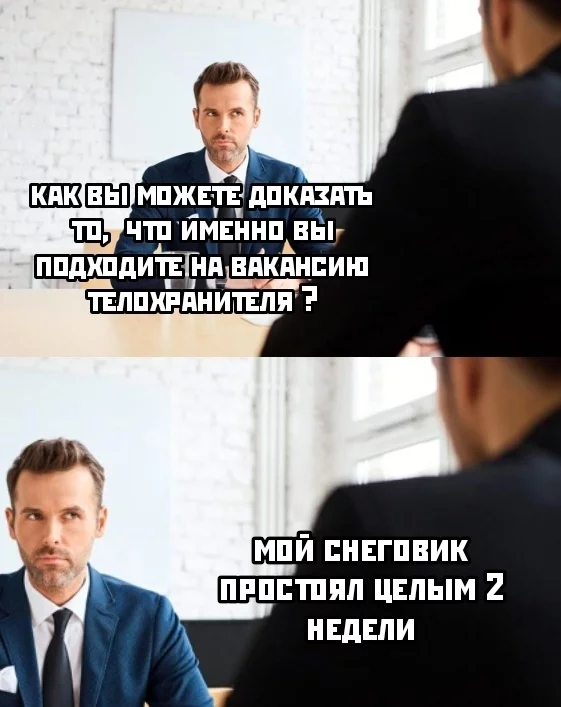 А как долго стоит ваш снеговик нетронутым и какие меры по охране принимаете? - Снеговик, Зима, Телохранитель, Картинка с текстом, Собеседование