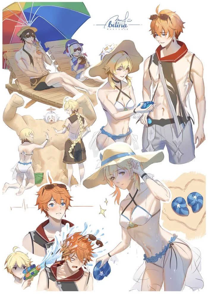 Beach pranks - Genshin impact, Aether (Genshin Impact), Lumine (Genshin Impact), Zhongli (Genshin Impact), Qiqi (Genshin Impact), Anime art, Anime, Paimon (Genshin Impact), Tartaglia (Genshin Impact)