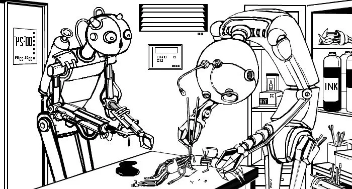 Workshop - My, Robot, Illustrations, Art, Black and white