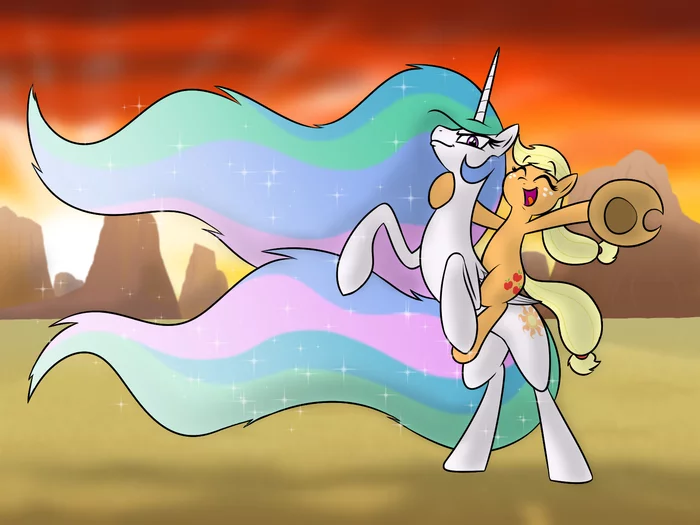 Now Zhoka can ride off into the sunset on a horse that is responsible for sunsets - My little pony, PonyArt, Applejack, Princess celestia