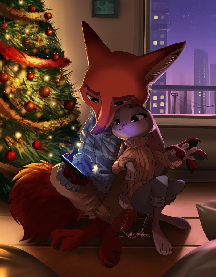 Greetings on the first day of winter! - Zootopia, Nick wilde, Judy hopps, Nick and Judy, Evening, Christmas tree, Cosiness, Relaxablefur, Art, Milota