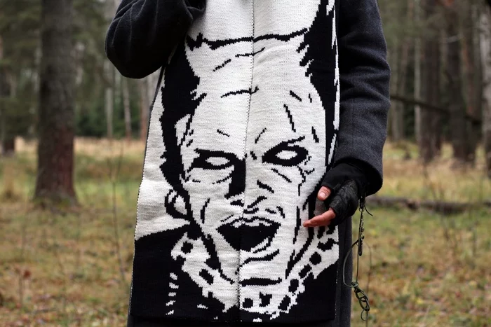 Scarf with Keith Flint ( The Prodigy ) - My, Needlework without process, Needlework, The prodigy, Keith Flint, Nostalgia, Idols, man knitting, Knitting, Longpost, , Jacquard, Scarf