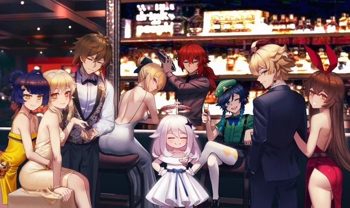 In the modern bar Angels' Share - Genshin impact, Paimon (Genshin Impact), Diluc (Genshin Impact), Amber, Lumine (Genshin Impact), Jean (Genshin Impact), Anime art, Anime, Xiangling, Aether (Genshin Impact), Zhongli (Genshin Impact), Venti (Genshin Impact)