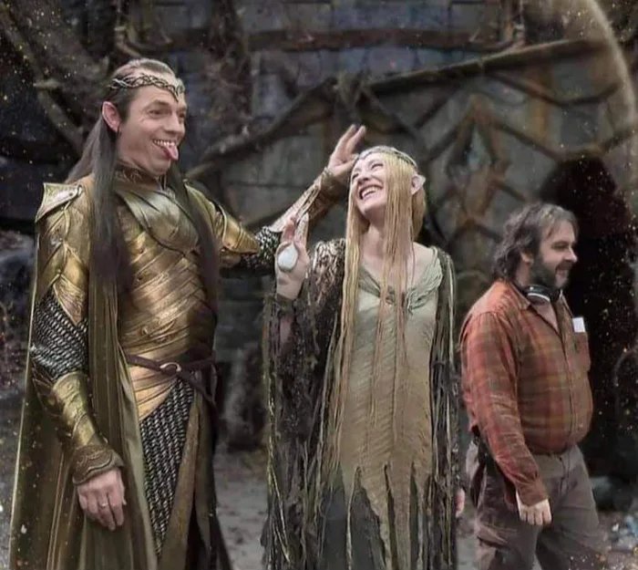Rare shot of Elrond, Galadriel and Tom Bombadil - The Hobbit: The Battle of the Five Armies, Elrond, Galadriel, Tom Bombadil, Hugo Weaving, Cate Blanchett, Peter Jackson
