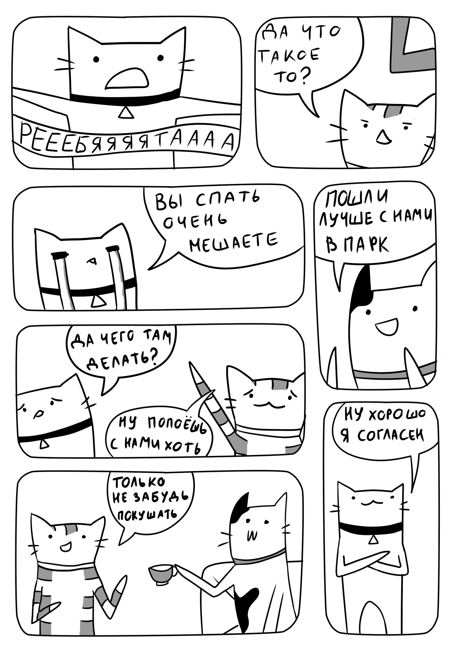 Cats. Alarm. Weekends - My, My, Comics, cat, Weekend, Alarm, Dream, The park, Black and white, Longpost