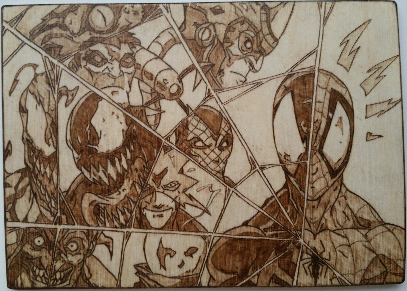 Spider and his friends (no) - My, Spiderman, Pyrography, Burning out, Needlework without process