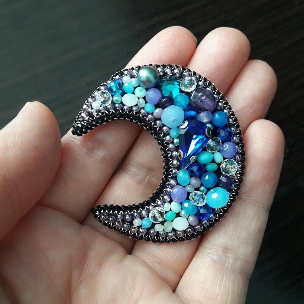 moon - Brooch, Beads, Handmade, Needlework without process, Longpost