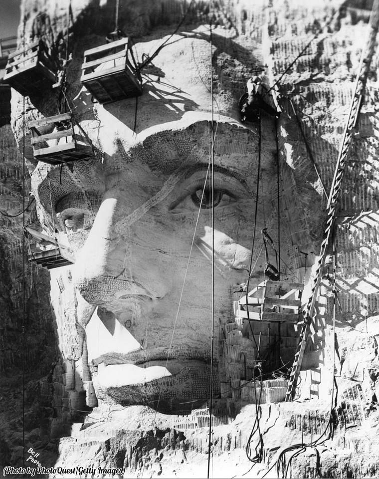 Close-up of Lincoln's head at Mount Rushmore under construction, South Dakota, 1937 - , Mount Rushmore