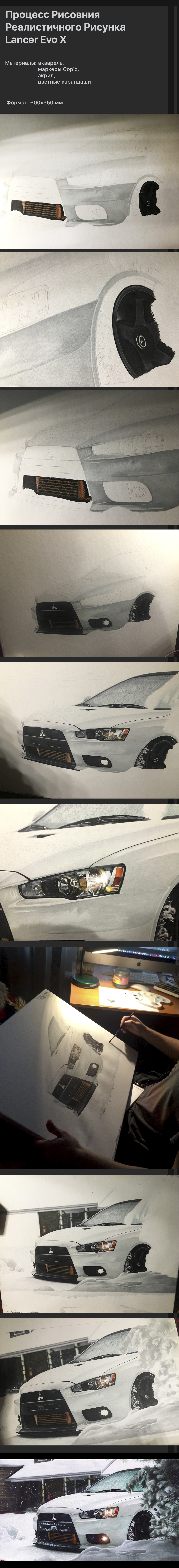 Snowy Lancer Evo X - My, Art, Drawing, Auto, Winter, Snow, Mitsubishi lancer, Watercolor, Longpost