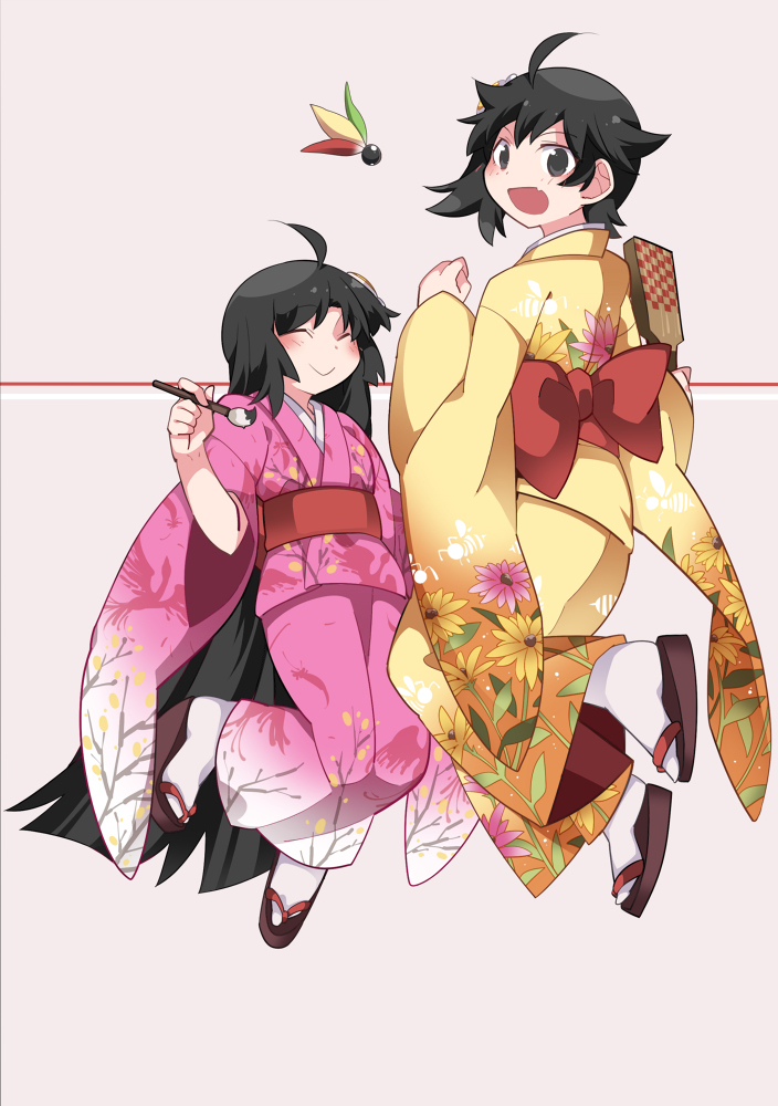 Girls and kimonos - Anime, Anime art, Monogatari series, Hachikuji Mayoi, Shinobu oshino, Ougi Oshino, Kanbaru suruga, Longpost