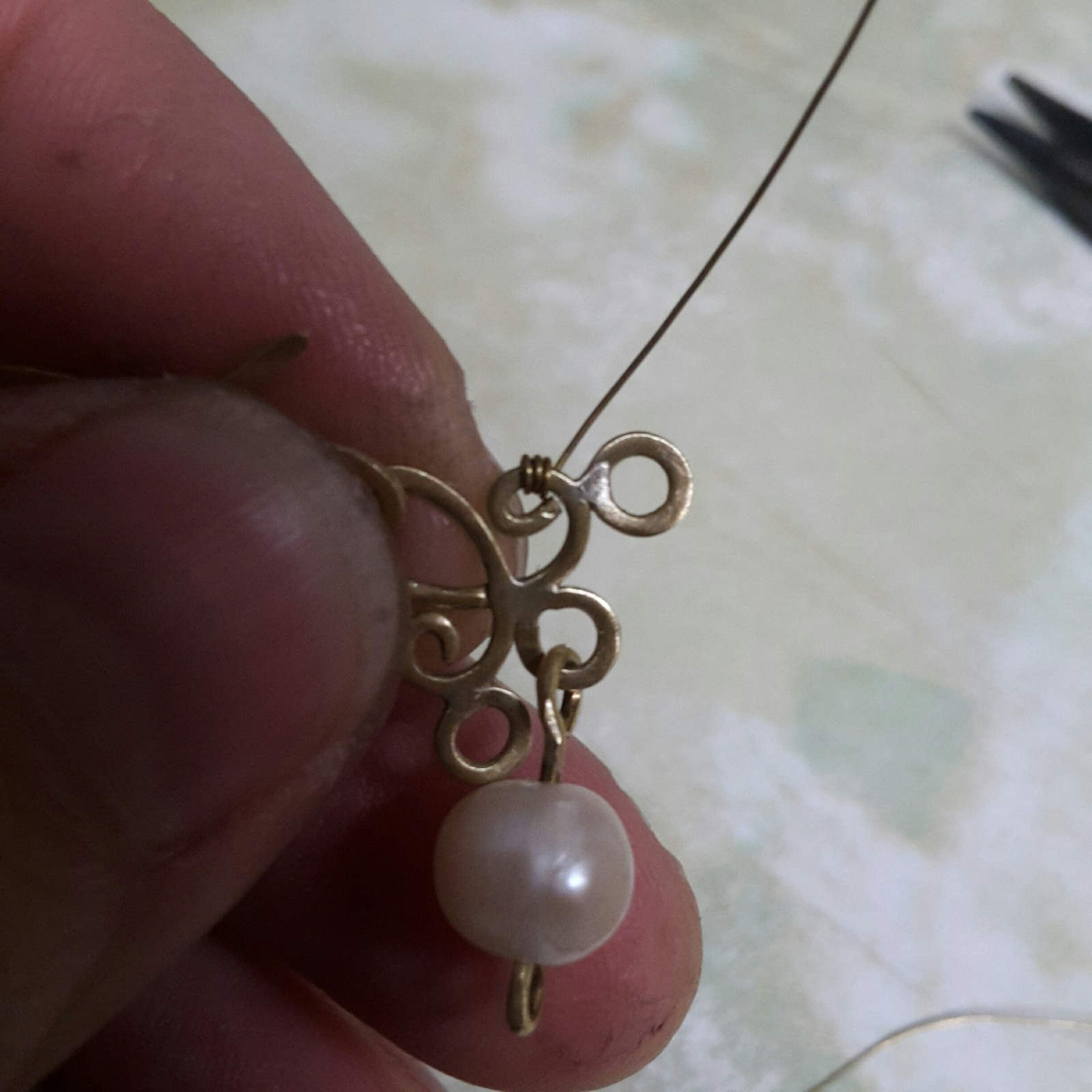 Brass earrings with pearls, part 2. - My, Needlework with process, Wire jewelry, Earrings, Longpost