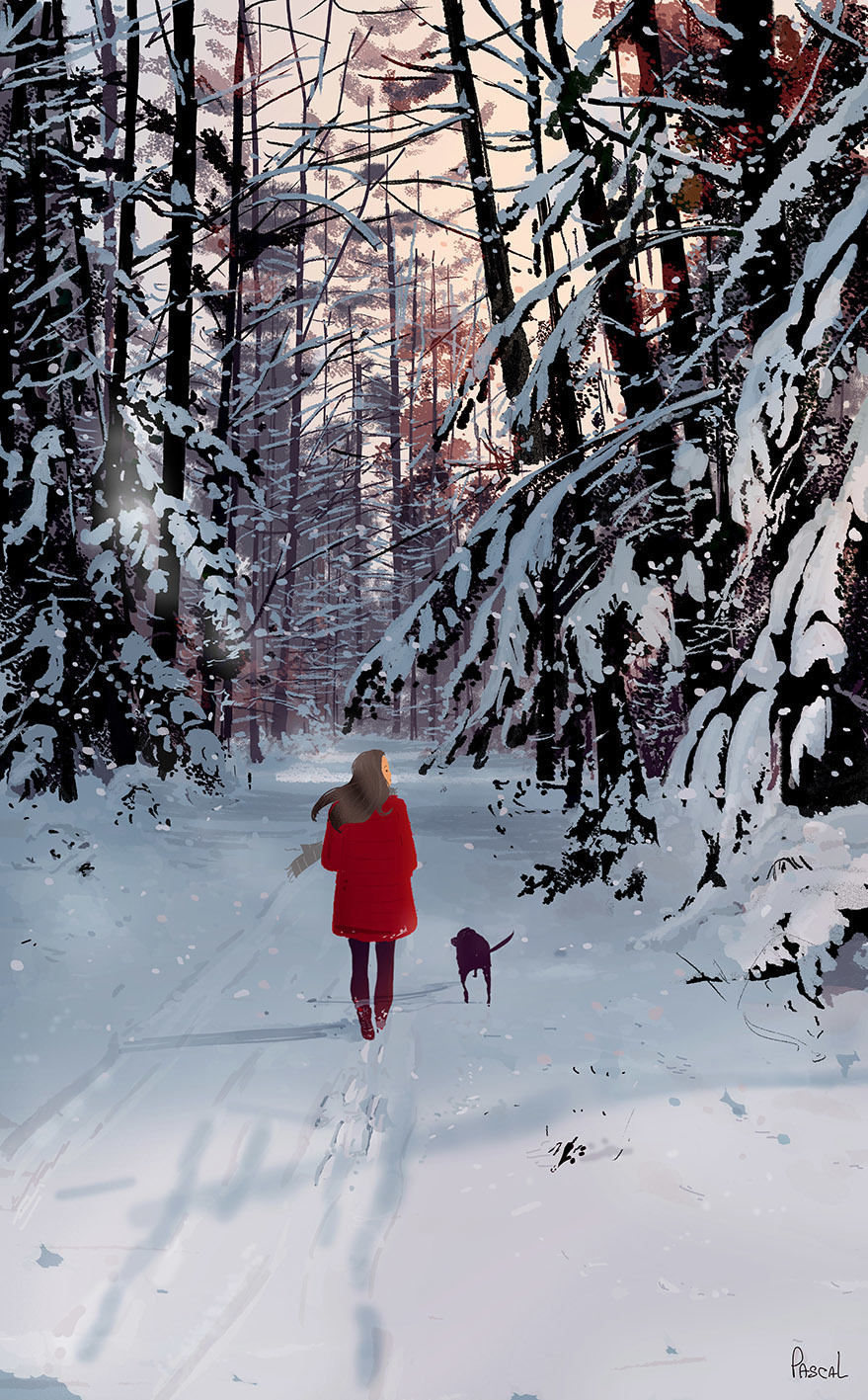 Snowy walk - Art, Drawing, Girls, Dog, Walk, Pascal Campion