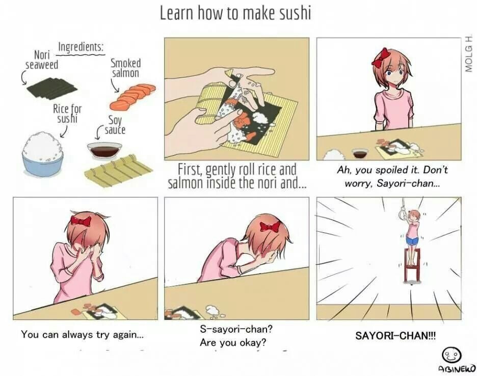 Making sushi with Sayori - Doki Doki Literature Club, Sayori, Comics, Picture with text