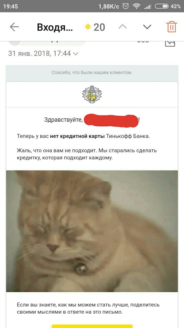 Котик на прощанье - Моё, Тинькофф банк, Прощание, Кредитка