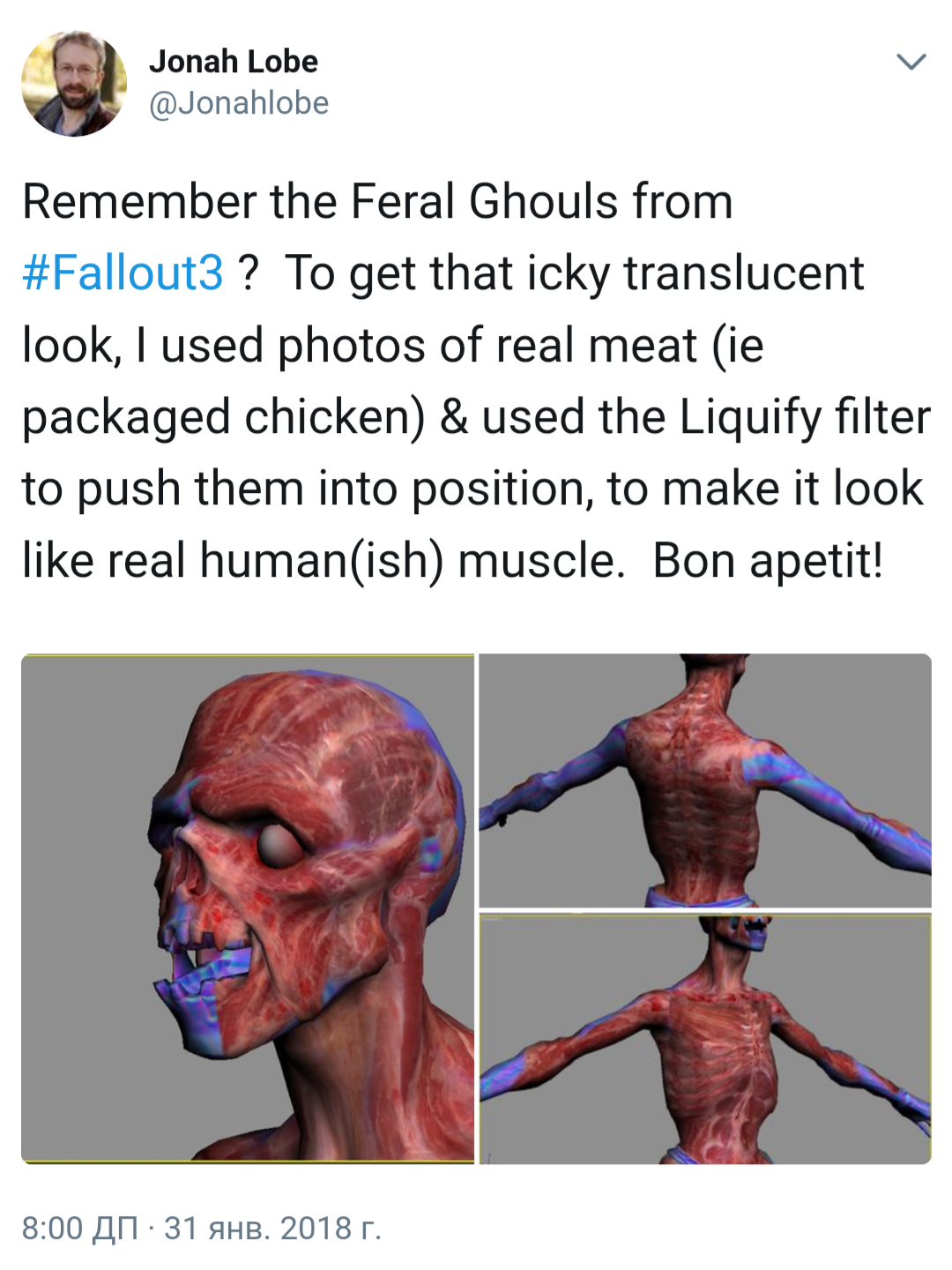 It became known whose meat was used for the texture of ghouls in Fallout 3. Try to guess? - Fallout 3, Kanobu, Computer games, Meat, Guli-guli, Text, Bethesda, Longpost