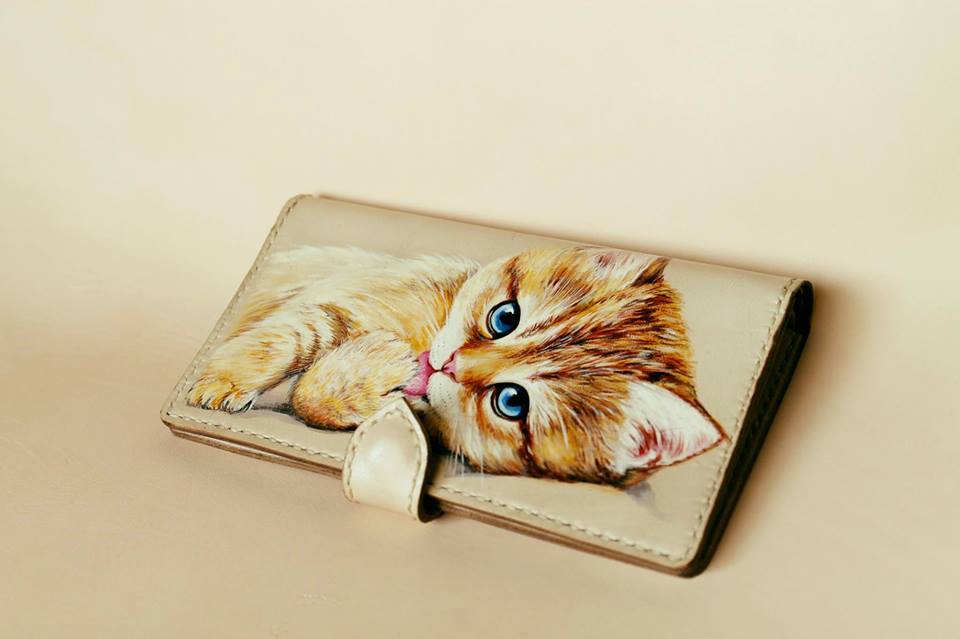 Women's wallet with hand-painted Kitten - My, cat, Wallet, Leather, Handmade, Needlework without process, , Longpost