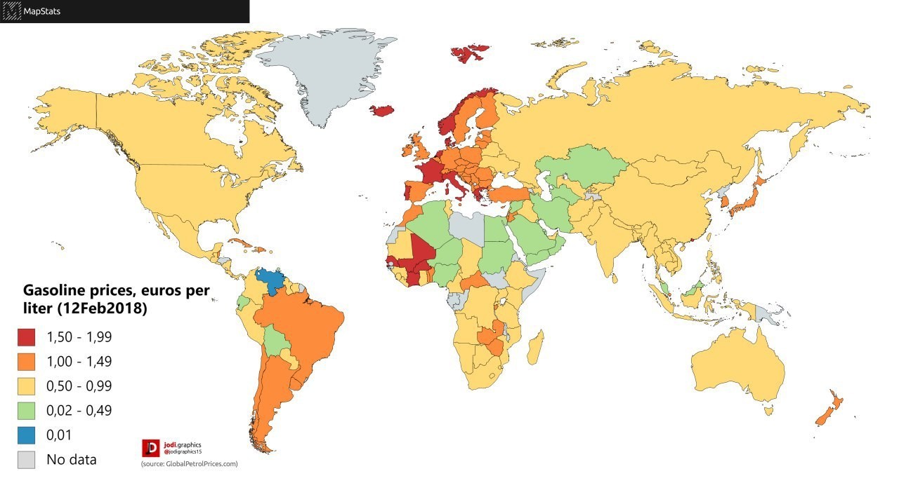 The cost of a liter of gasoline by country - Statistics, Infographics, Petrol, World map