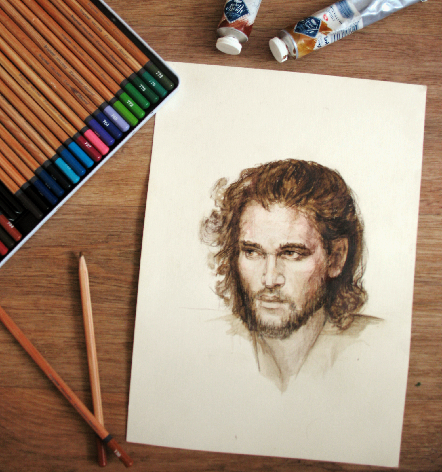 Portrait of the King of the North with watercolor pencils. - My, Portrait, League of Artists, Jon Snow, King of the north, Art, Longpost, Game of Thrones