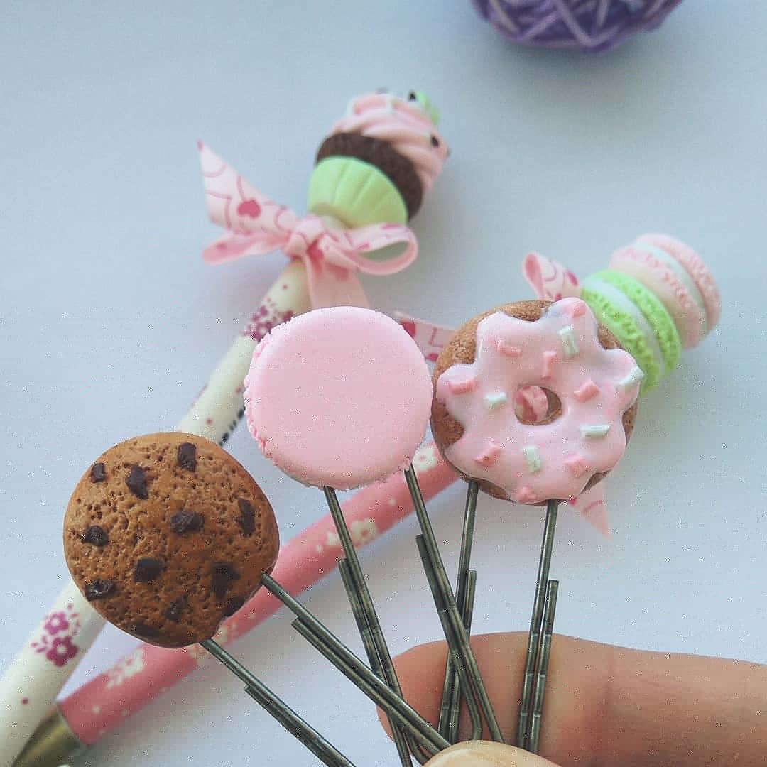 Pens and paper clips decorated with polymer clay. - My, Polymer clay, Handmade, crazy hands, Cake, Longpost