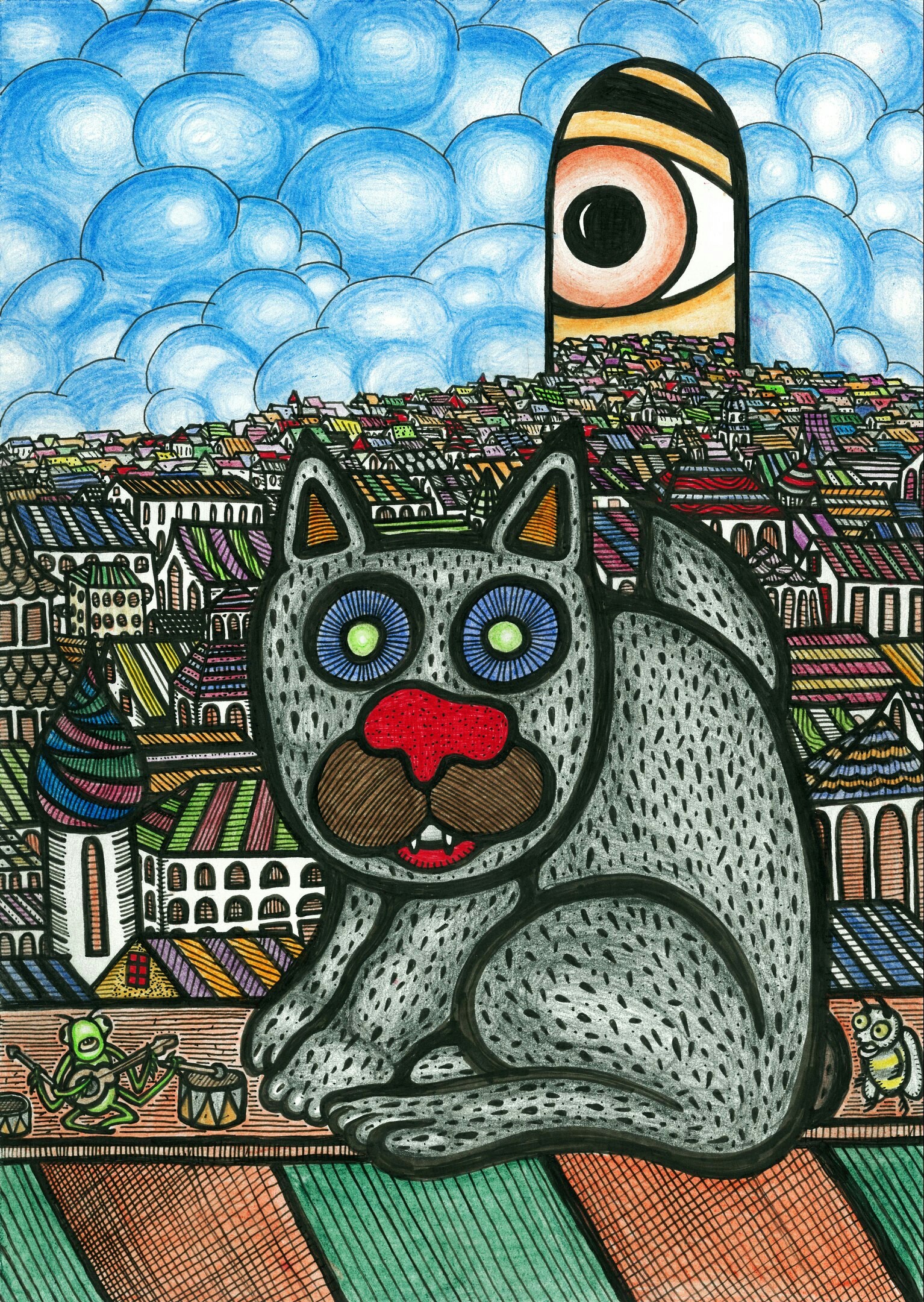 Dawn on the roof - My, Art, My, Drawing, cat, Roof