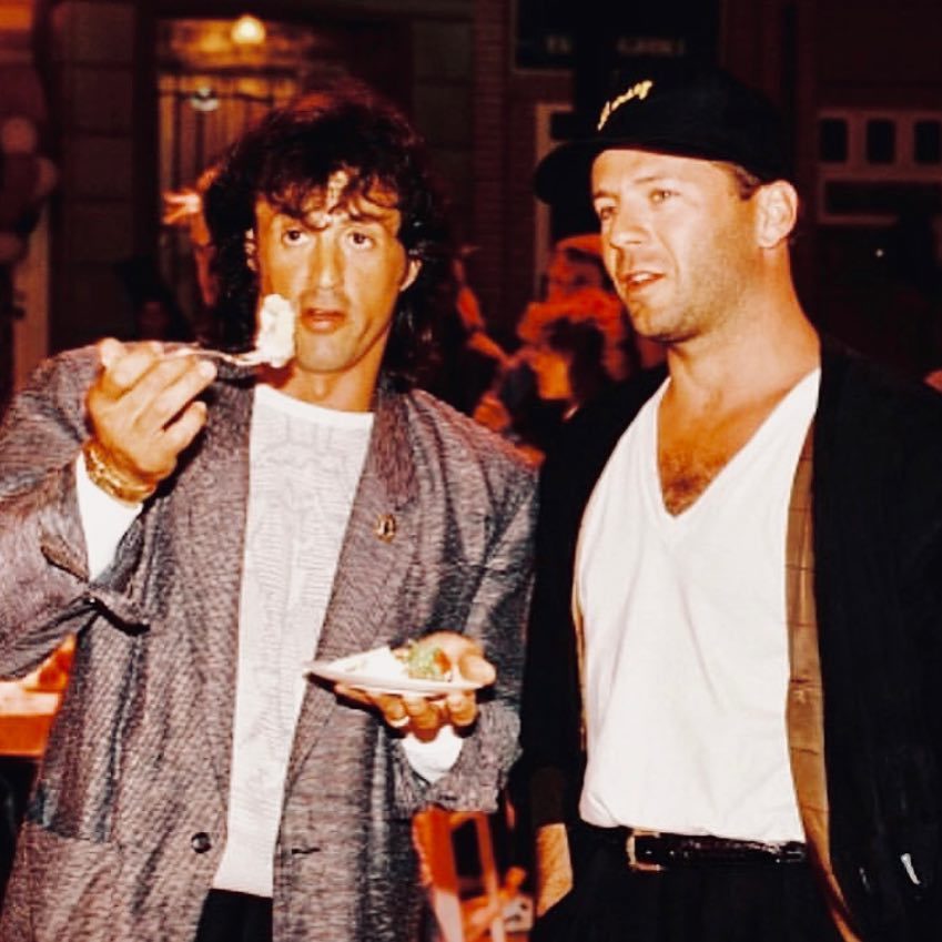 Some guys are tasting a cake - Sylvester Stallone, Bruce willis, Toughie, Rambo