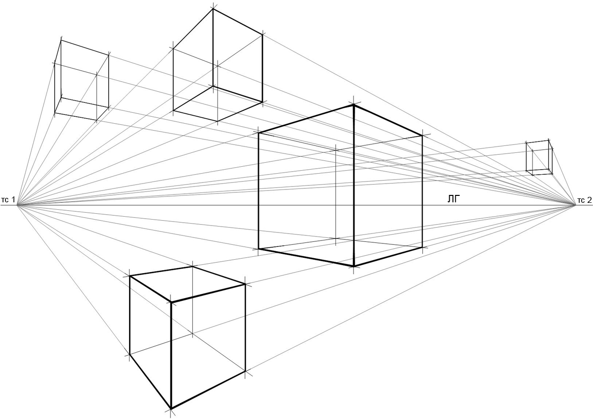 Пространственное изображение. Куб в перспективе и сбоку. Линейная перспектива двухточечная. Угловая перспектива Куба снизу. Перспектива Куба с 2 точками схода.
