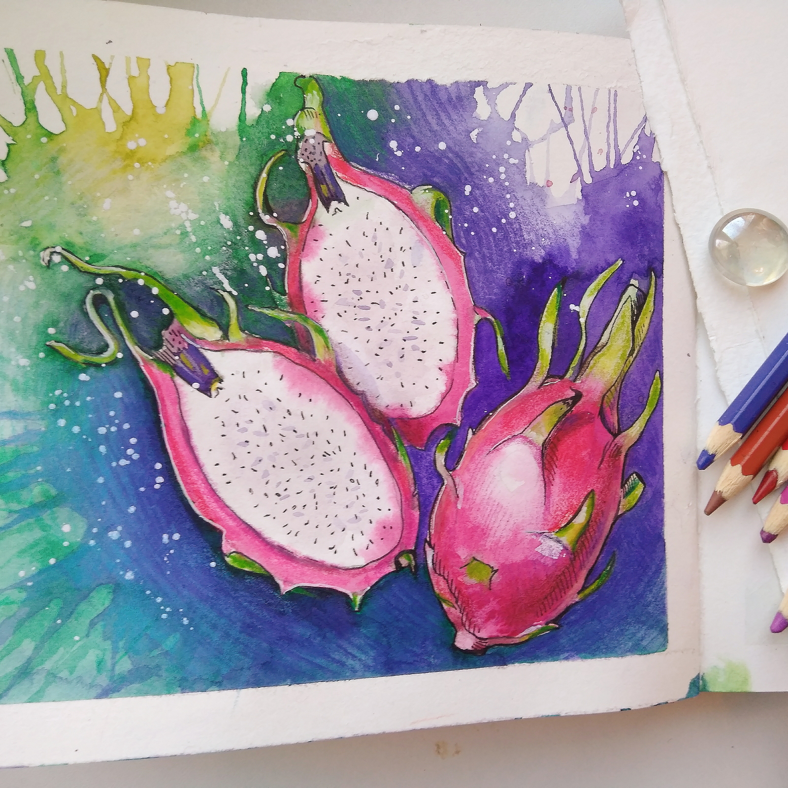 Asian fruits. Pitahaya. - My, Watercolor, Pitahaya, Фрукты, Drawing, Sketch, Sketchbook, Graphics, Yummy