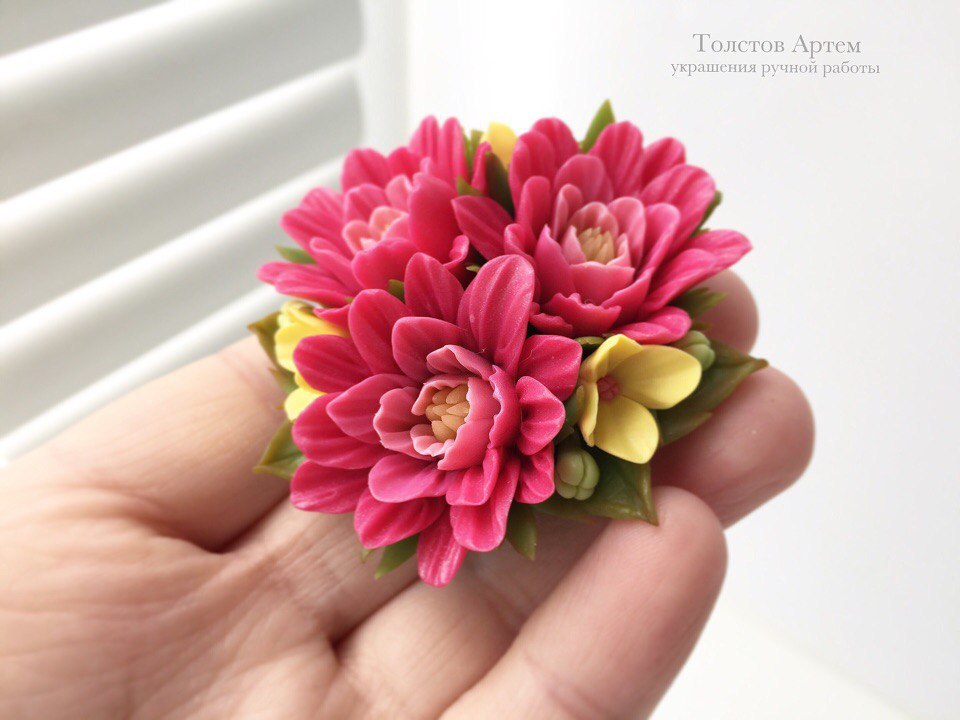 Brooch with chrysanthemums :-) - My, Polymer floristry, Brooch, Chrysanthemums, Needlework without process, Polymer clay