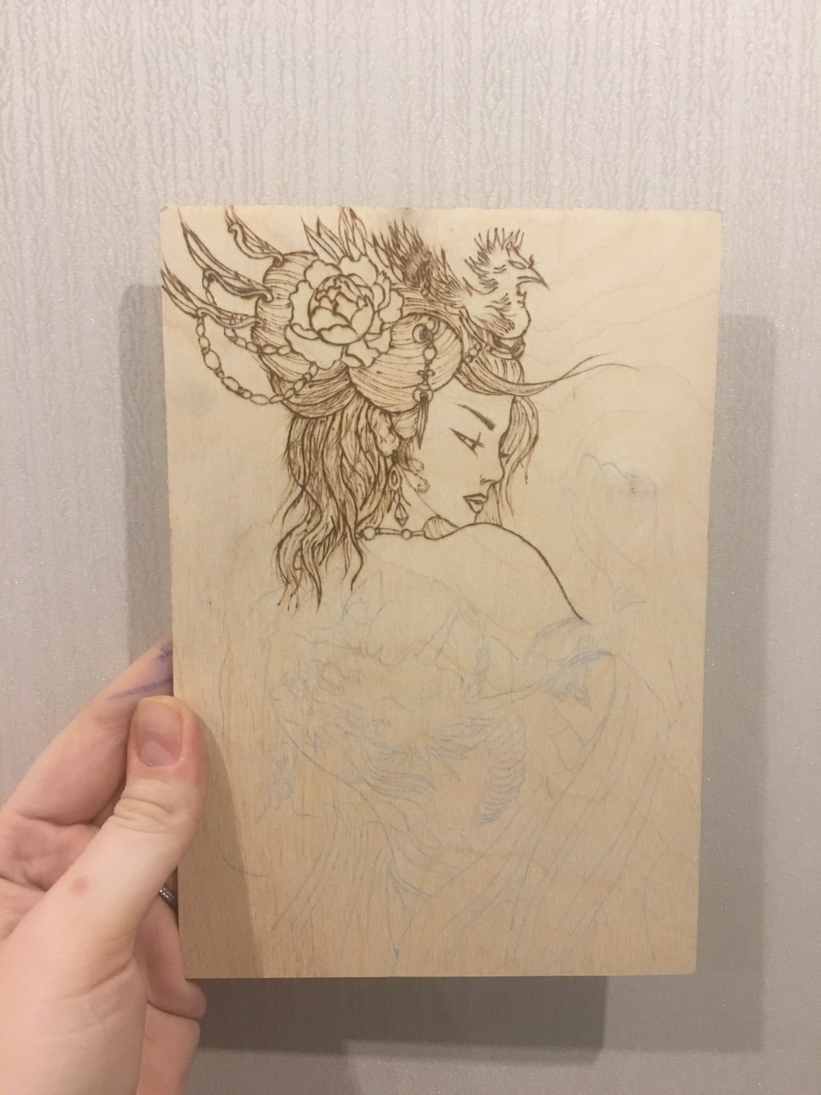 Lovely girl and phoenix with mohawk - My, Creation, Pyrography, Needlework with process, With your own hands, Needlework, My, Longpost