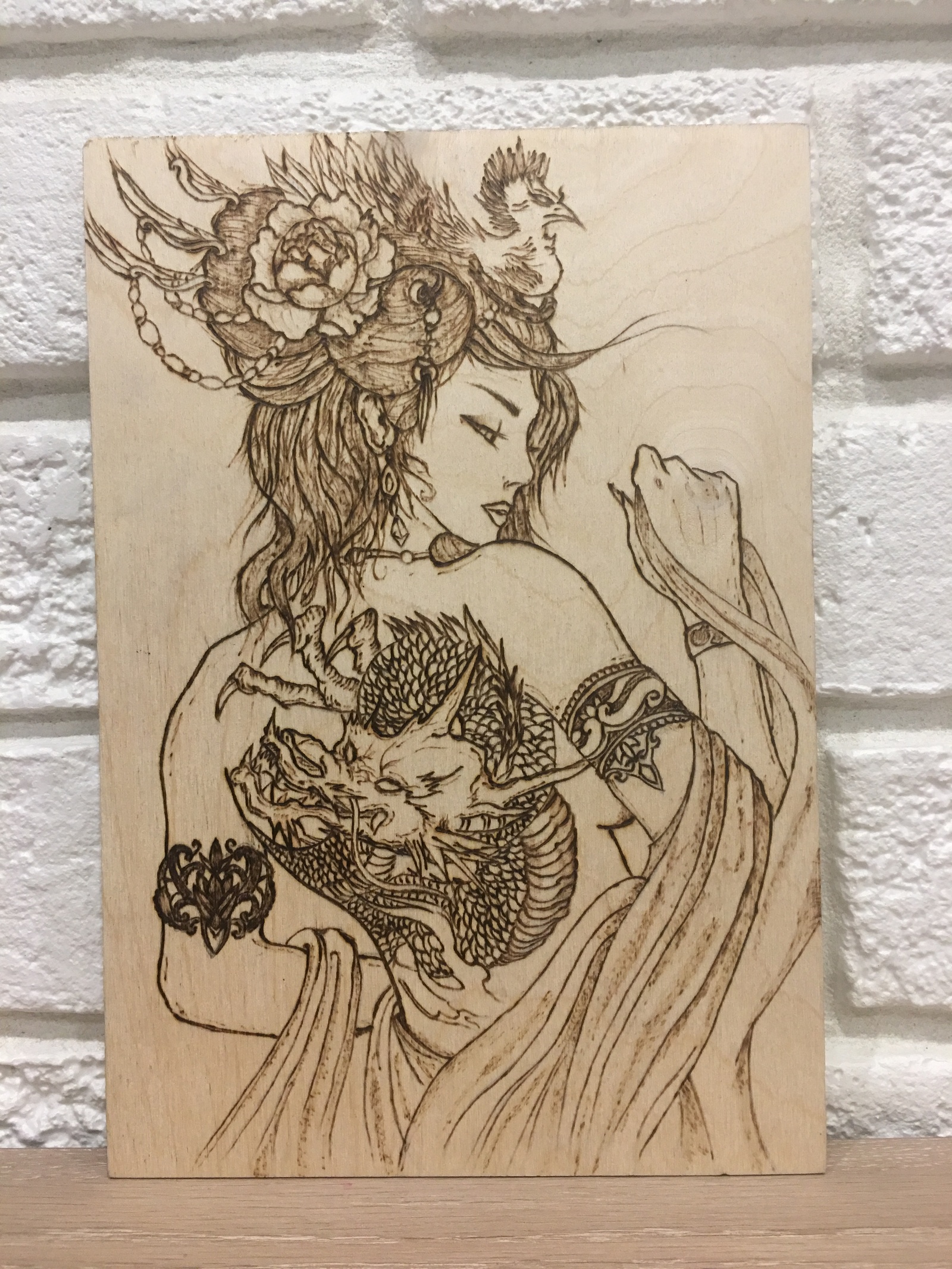 Lovely girl and phoenix with mohawk - My, Creation, Pyrography, Needlework with process, With your own hands, Needlework, My, Longpost