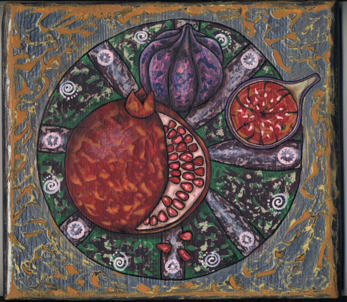 Still life with pomegranate (Gothic naive) - My, Painting, Acrylic, Tree, Garnet, Craquelure, Still life, Needlework with process, Handmade, Longpost