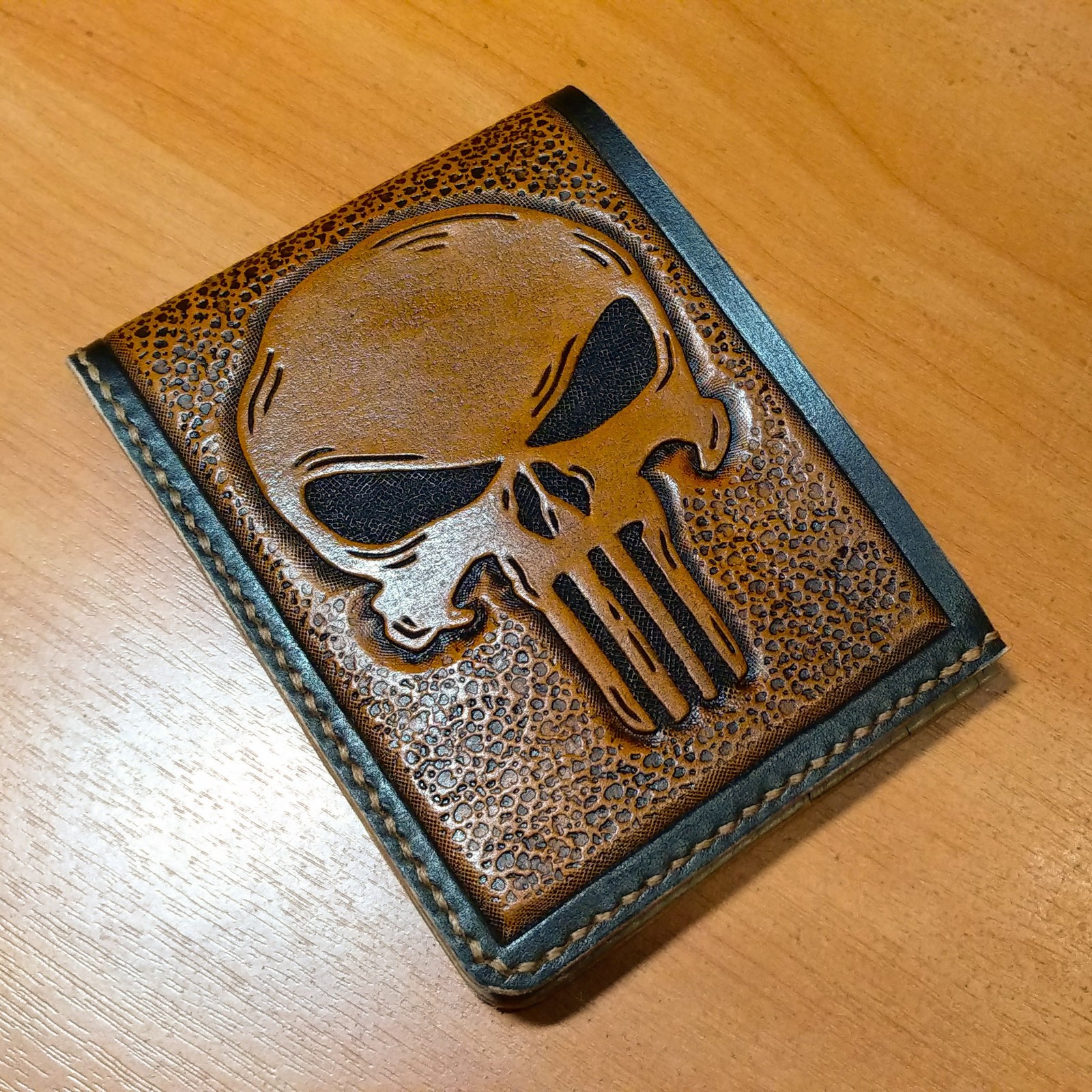 Punisher's wallet - My, Longpost, Leather, Embossing on leather, Handmade