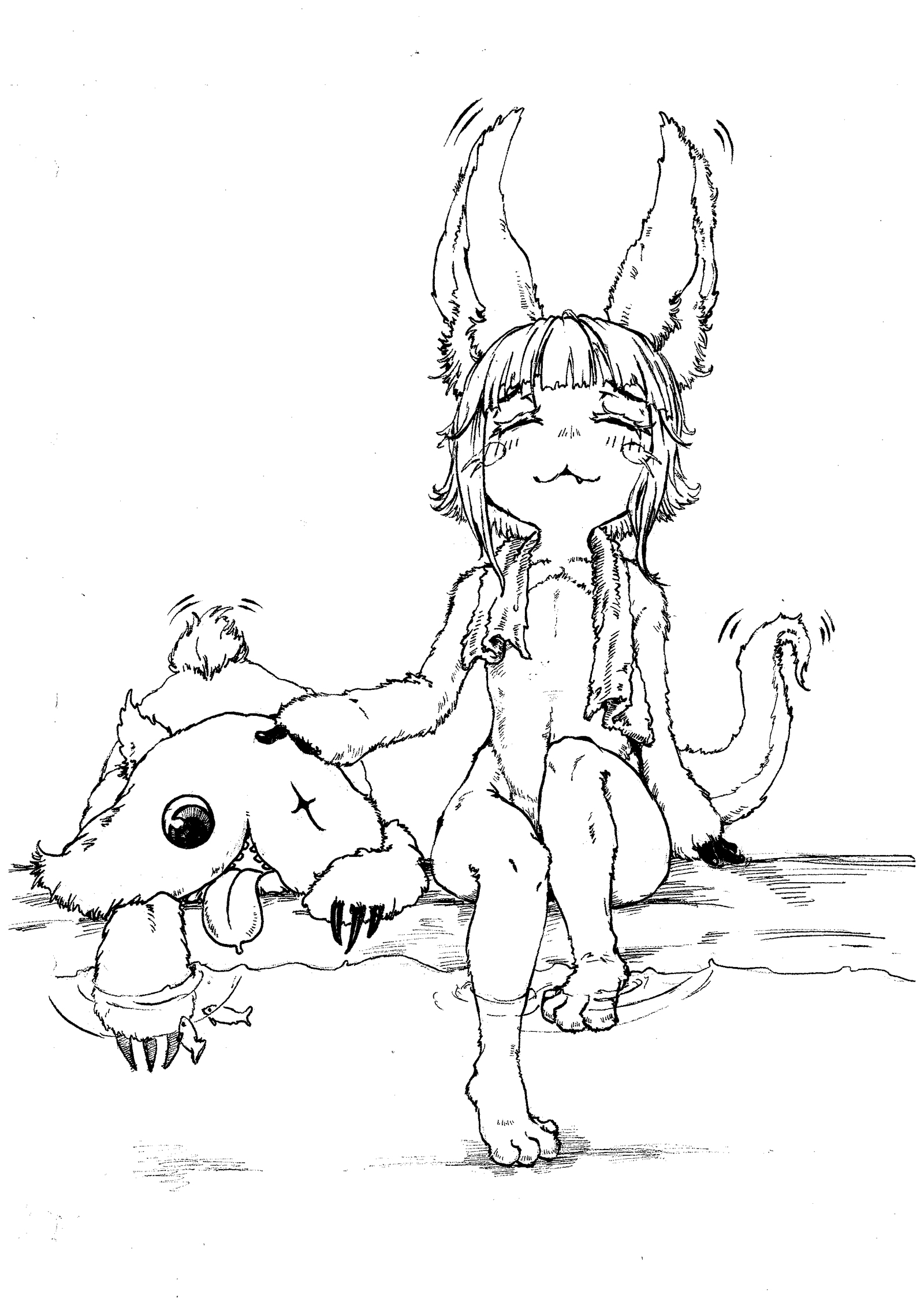 Nanachi в костюмчике и без - Anime Art, Аниме, Made in Abyss, Nanachi, Mitty, Тушь, Длиннопост