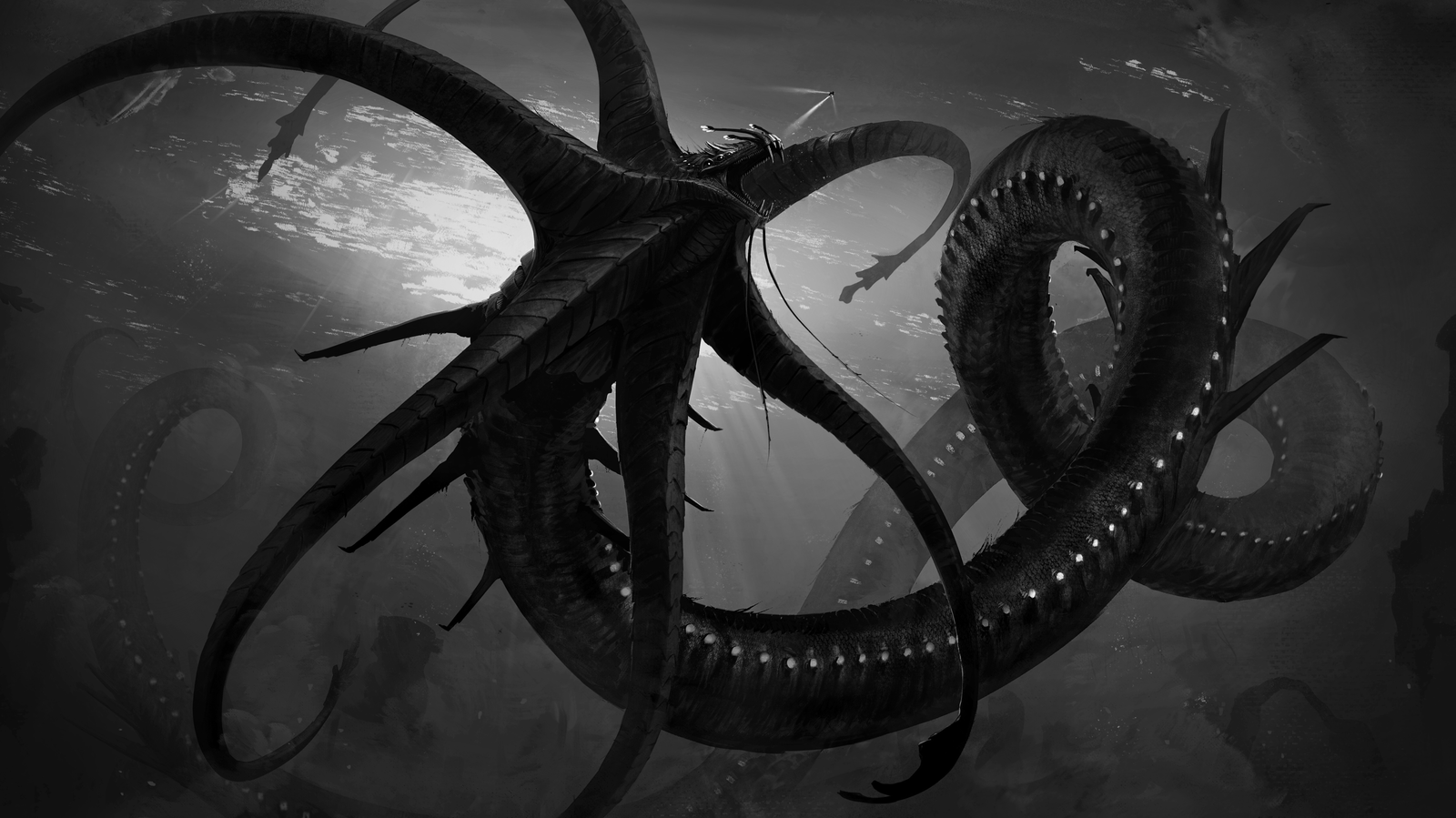 Gargantuan Leviathan - Digital drawing, Drawing, Art, Black and white, Leviathan, Ocean, Subnautica, Deviantart