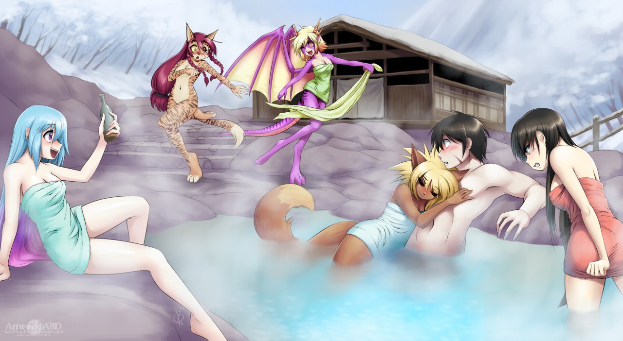 The hot springs - NSFW, Furry, Art, Furotica, Abluedeer, Winter, Water