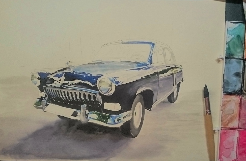 Retro car №3 (watercolor/A3 paper) - My, Auto, Watercolor, Painting, Painting, Retro, Classic, Volga, Nostalgia, Longpost